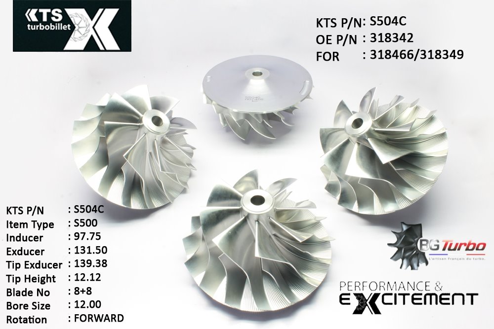 Turbo ROUE FORGÉE MFS PERFORMANCE - 8+8 PALES - INDUCER : 97,75 - EXDUCER : 131,5 - TYPE : S500ANGLE : 45° - ROTATION : Forward - SUPER BACK : 9,2 - BORE SIZE : 12
